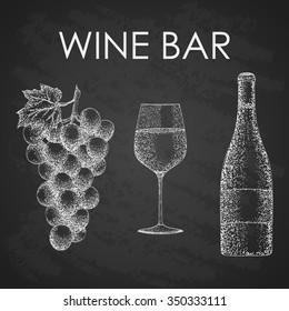 Vector Wine Set - Grape Twig, Glass And Bottle. Hand Drawn Illustration For Wine Bar And Restaurant Menu. On Chalk Board Background