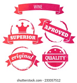 vector wine stain circles and retro stamps and badges isolated in red tones on white background