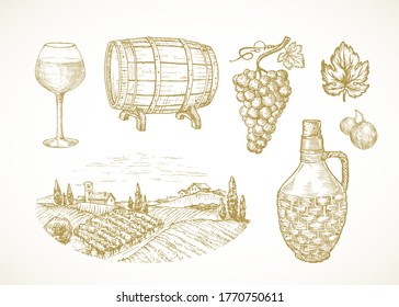 Vector Wine or Vineyard Sketches Set. Hand Drawn Illustrations of Glass, Cask or Barrel, Grapes Branch, Wicker Bottle and Rural Farm or Winery Landscape. Isolated.