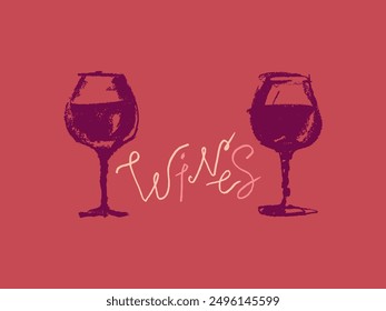 Vector wineglass sketch in coal hand-drawn graphic style. Retro drawing of red wine glass or white wineglass. Logo design, winery sign, vineyard emblem, alcohol bar symbol. Old-fashioned icon design.