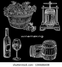 Vector winemaking illustration with basket of grapes, bottle and glass of wine, press and  barrels.