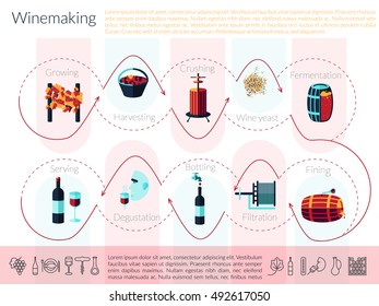 Vector Winemaking Infographic. Flat Illustration Of Main Wine Making Process And Tools. Production Of Alcoholic Beverages.