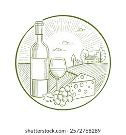 Vector winery logo. Vineyard And Farm farm owners bussiness. Vineyard Field and Grapes Brand Winery. design and icon for wine packaging