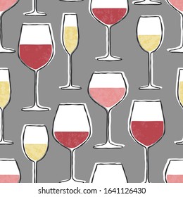 Vector Winery Theme Seamless Background, Wine Glasses Seamless Pattern. Hand Drawn Illustration Great For Flyer And Wallpaper.