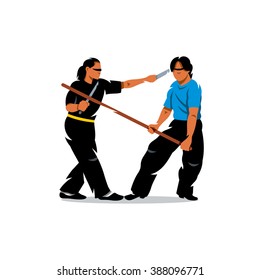 Vector Wing Chun kung fu sparring Cartoon Illustration. Butterfly swords against wooden sticks. Branding Identity Corporate Logo isolated on a white background