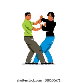Vector Wing Chun kung fu sparring Cartoon Illustration. Two people work out fighting skills in tandem with each other. Branding Identity Corporate Logo isolated on a white background