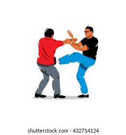 Vector Wing Chun kung fu sparring Cartoon Illustration. Two people work out fighting skills in tandem with each other. Branding Identity Corporate unusual Logo isolated on a white background