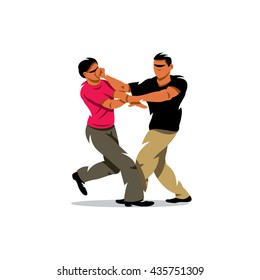 Vector Wing Chun kung fu sparring Cartoon Illustration. Two people work out fighting skills in tandem with each other. Branding Identity Corporate unusual Logo isolated on a white background