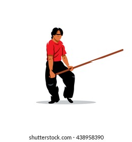 Vector Wing Chun kung fu Man with a stick. Cartoon Illustration. Master with a fighting sixth. Unusual Logo template isolated on a white background