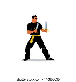 Ala de Vector Chun kung fu Maestro con dos espadas. Ilustración de dibujos animados. Hombre con cuchillos de mariposa. Plantilla inusual del logotipo aislada en un fondo blanco