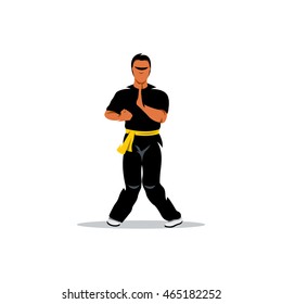 Vector Wing Chun kung fu Cartoon Illustration. Man work out fighting skills. Unusual Logo template isolated on a white background