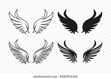 Vector Wing Icon Set. Vintage Angel Wings Silhouette, Icons, Logo Design Template, Clipart Collection. Cupid, Bird Wings. Vector Illustration