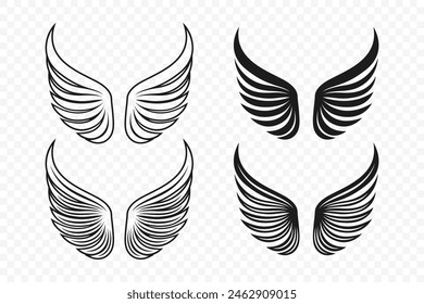 Vector Wing Icon Set. Vintage Angel Wings Silhouette, Icons, Logo Design Template, Clipart Collection. Cupid, Bird Wings. Vector Illustration