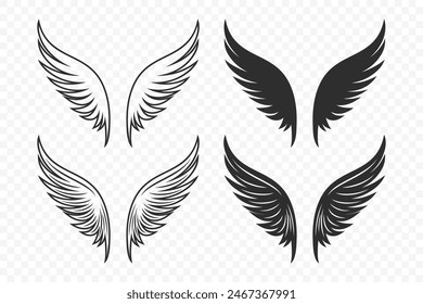 Vector Wing Icon Set. Vintage Angel Wings Silhouette, Icons, Logo Design Template, Clipart Collection. Cupid, Bird Wings. Vector Illustration