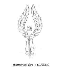 Vector Winged angel  standing  holding sword hand draw sketch illustration  