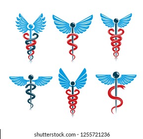 Vector winged Caduceus illustrations collection. Pharmacology and healthcare idea emblems.