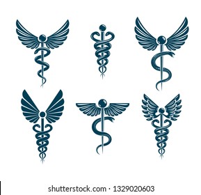 Vector winged Caduceus illustrations collection. Pharmacology and healthcare idea emblems.