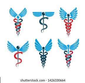 Vector winged Caduceus illustrations collection. Pharmacology and healthcare idea emblems.