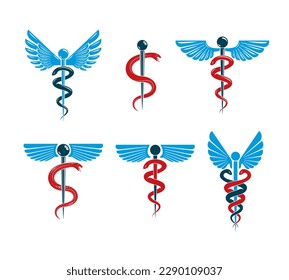 Vector winged Caduceus illustrations collection. Pharmacology and healthcare idea emblems.