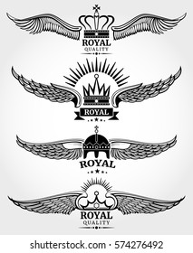 Vector winged crowns royal logo templates set in black and white. Emblem with wing, and crowns illustration