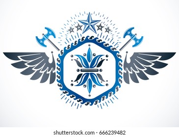 Vector winged emblem made in vintage heraldic design. Heraldry insignia decorated using lily flower and ancient hatchets