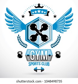 Vector winged graphic sign created with dumbbells crossed and kettle bells sport equipment. Fitness and heavyweight gym sport club emblem template