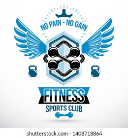 Vector winged graphic sign created with dumbbells crossed and kettle bells sport equipment. Gym weightlifting and fitness sport club emblem