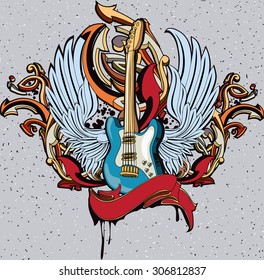 Vector winged guitar graffiti emblem