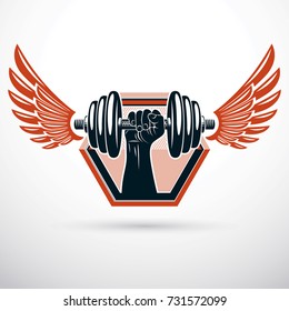 Vector winged illustration, bodybuilder muscular arm holding dumbbell. Power lifting and cross fit.