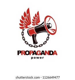 Vector winged logo composed with loudspeaker equipment surrounded by iron chain. Propaganda as the means of influence on public opinion 