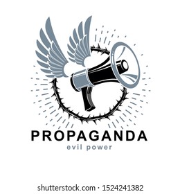 Vector winged logo composed with loudspeaker equipment surrounded by thorn of crowns. Public relations concept, propaganda as a powerful weapon of influence on social behavior.