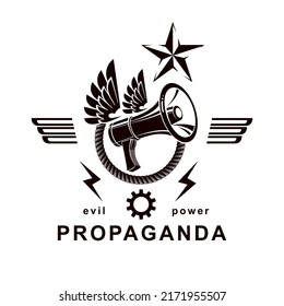 Vector winged logo composed with loudspeaker equipment surrounded by rope. Power of social message, propaganda as political agitation