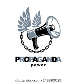 Vector winged logo composed with loudspeaker equipment surrounded by iron chain. Propaganda as the means of influence on public opinion 