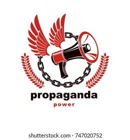 Vector winged logo composed with loudspeaker equipment surrounded by iron chain. Propaganda as the means of influence on public opinion 