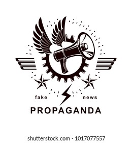 Vector winged logo composed with megaphone equipment surrounded by engineering cog wheel. Proletarian revolution abstract sign, political propaganda.