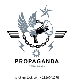 Vector winged logo composed with megaphone equipment surrounded by iron chain and engineering cog wheel. Propaganda as the method of ideology imposing