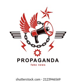 Vector winged logo composed with megaphone equipment surrounded by iron chain and engineering cog wheel. Propaganda as the method of ideology imposing