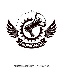 Vector Winged Logo Composed With Megaphone Equipment Surrounded By Engineering Cog Wheel. Proletarian Revolution Abstract Sign, Political Propaganda.