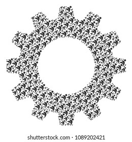 Vector winged man icons are grouped into cog combination. Technical design concept constructed from winged man components.