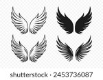 Vector Wings. Black Monochrome Angel Wings Silhouette. Design Template, Clipart. Cupid, Bird Wings. Vector Illustration
