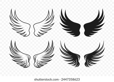 Vector Wings. Black Monochrome Angel Wings Silhouette. Design Template, Clipart. Cupid, Bird Wings. Vector Illustration