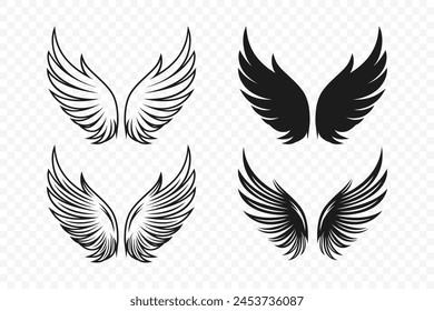 Vector Wings. Black Monochrome Angel Wings Silhouette. Design Template, Clipart. Cupid, Bird Wings. Vector Illustration