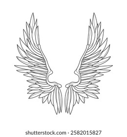 Vector wings feather outline. Angel or bird winged element for divine and celestial, animal theme. Fly and flight, heavenly shape contour for celestial tattoo or medieval mascot. Freedom emblem.