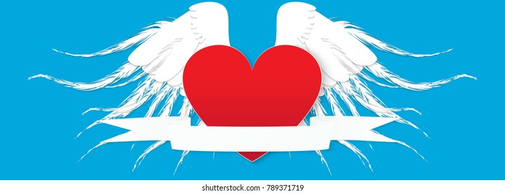 Vector wings and heart banner illustration. Paper Style Vector Illustration