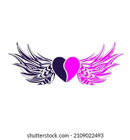 vector wings with a heart divided in half on a transparent background. one half of the heart is pink and the other is purple