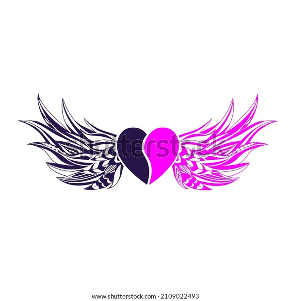 vector\
wings with a heart divided in half on a transparent background. one\
half of the heart is pink and the other is\
purple