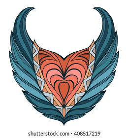 Vector wings heart. Doodle color element. Element for design t-shirts, tattoos, postcards and your design