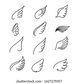 Vector wings icon set. Bird or angel wing silhouette illustration design feather. Wings icon sketch collection hand drawing.