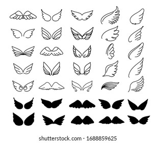 Vector wings icon set. Bird or angel wing silhouette illustration design feather.
Wings icon sketch collection hand drawing.