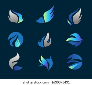 Vector wings logo set, abstract flowing icons. Winged company logos, flying brands and logotypes